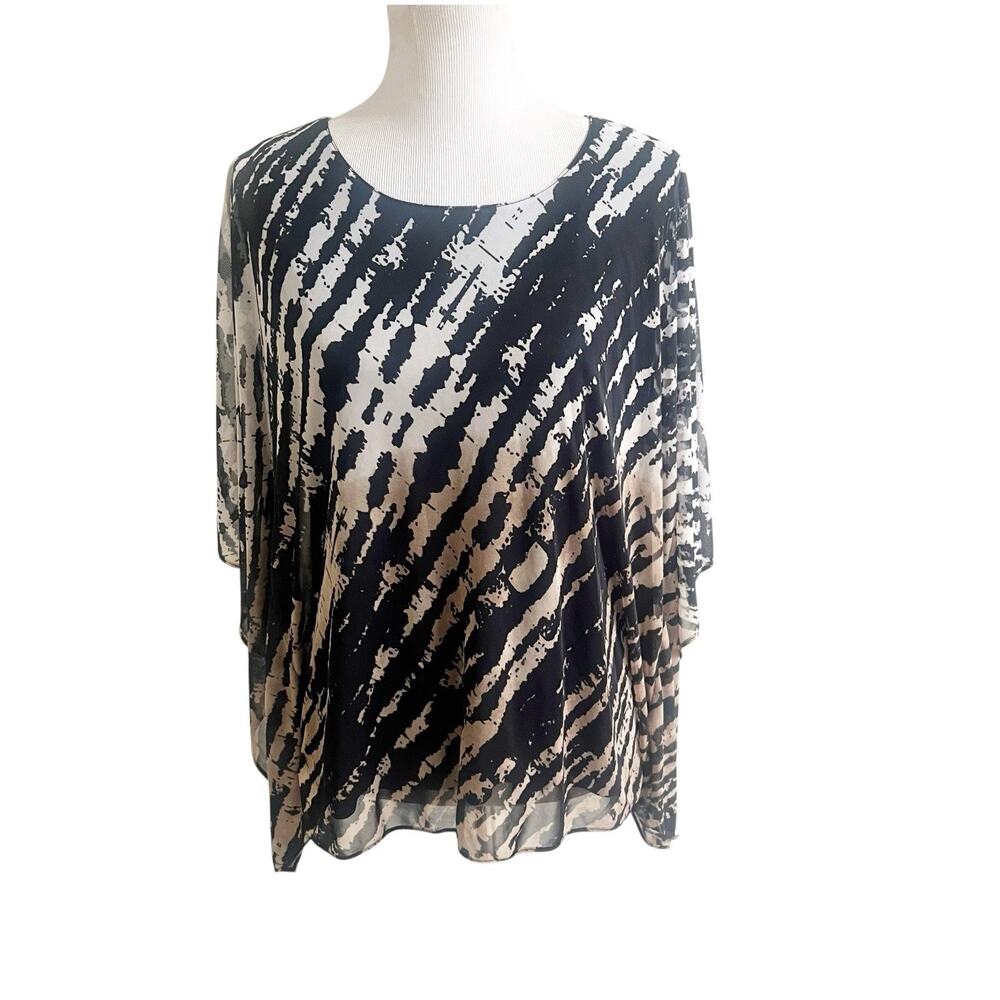 Susan Graver Artsy Mesh Kimono Chiffon Size Medium Black Tan Vacation Easy Wear
